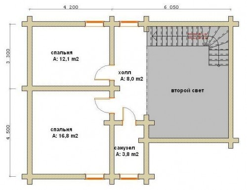 План 2-го этажа дома из оцилиндрованного бревна Б29 Романс, 2 спальни, второй свет