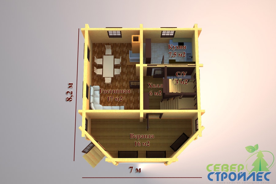 План 1-го этажа дома из оцилиндрованного бревна Б-12 Лира, печь, кухня, гостинная, остекленная веранда