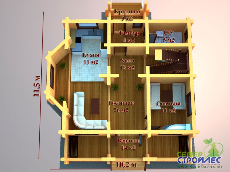 План 1-го этажа дома из оцилиндрованного бревна А30 Симфония - 2