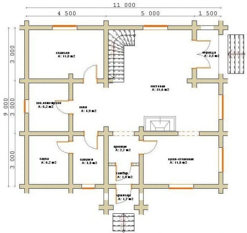 План 1-го этажа дома из оцилиндрованного бревна Б33 Ярославна, полноценный 1-й этаж, кухня - столовая, спальня