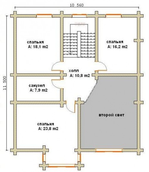 План 2-го этажа дома из оцилиндрованного бревна А35 Радуга, второй свет, просторная спальня