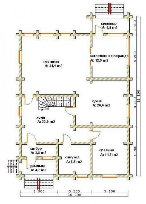 Планировка 1-го этажа деревянного дома А33 Успех, остекленная веранда, 2 крыльца