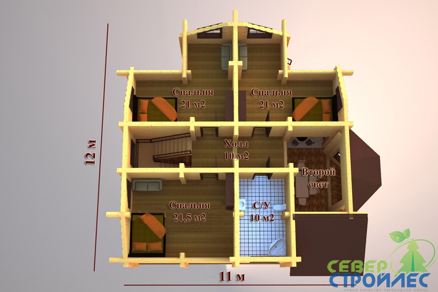 План 2-го этажа дома из оцилиндрованного бревна А34 Усадьба, второй свет, угловая спальня