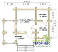 План первого этажа бани из оцилиндрованного бревна Классика с большой верандой