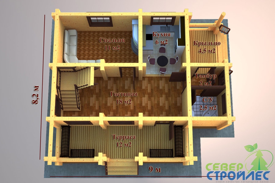 План 1-го этажа деревянного дома Б14 Гамма, спальня, гостинная